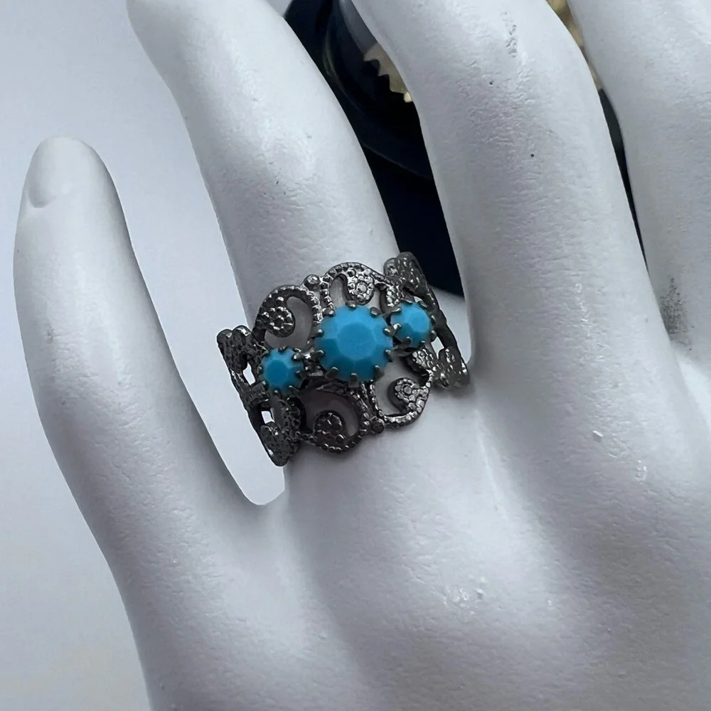 5/$25 Boho Filigree Adjustable Ring - Black Metal & Blue Accents